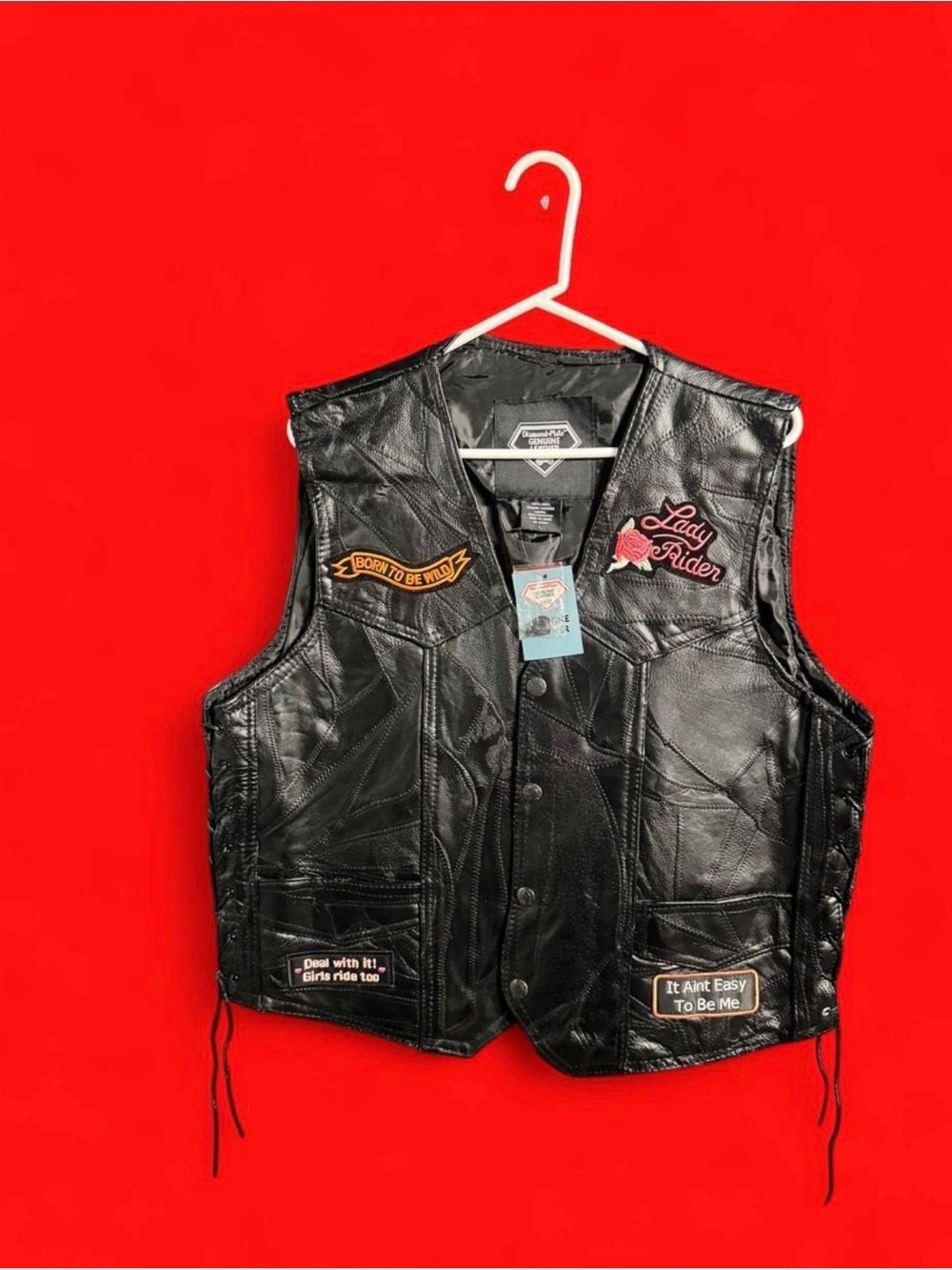 Diamond Plate Women’s Leather Motorcycle Vest Lady Rider Size L
